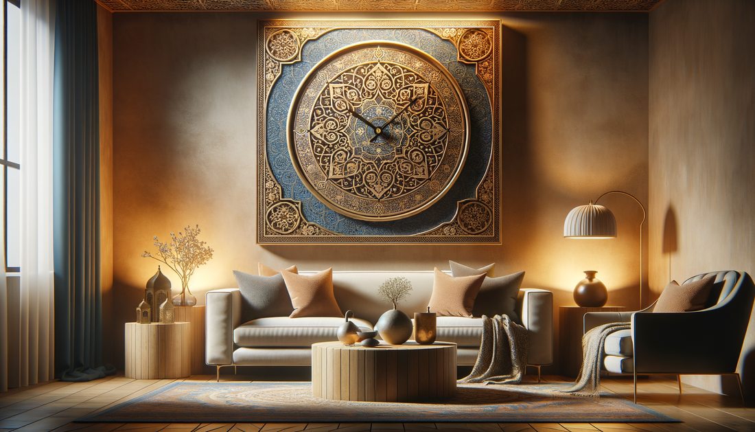Modern living room with large Islamic geometric wall art, sofa, and decorative lanterns.