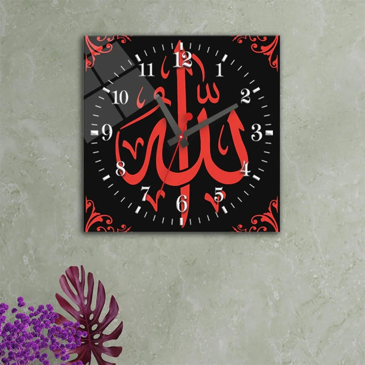 Square wall clock with Arabic calligraphy, red design on black, decorative Islamic home decor