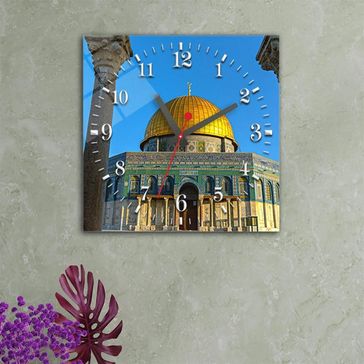 Islamic wall clock with Dome of the Rock design, modern decor, gold dome, Arabic art