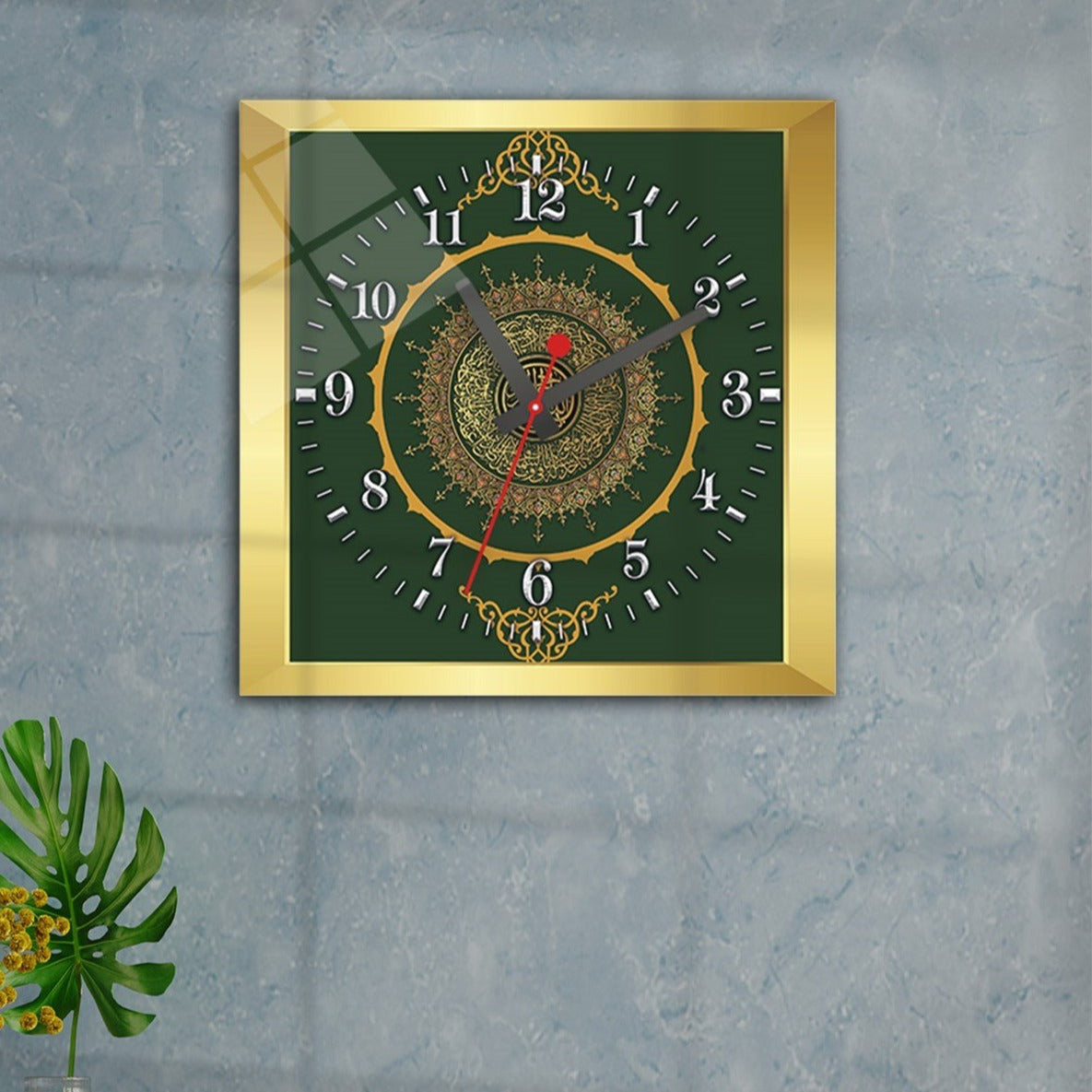 ayatul-kursi-clock-(green-background)-islamic-glass-wall-art,-uv-print-quran-wall-art-for-living-room-islamicartstores